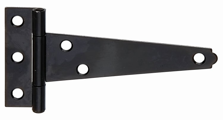 Ein T-Scharnier aus Metall mit Montagelöchern zur Befestigung an Türen oder Toren.
