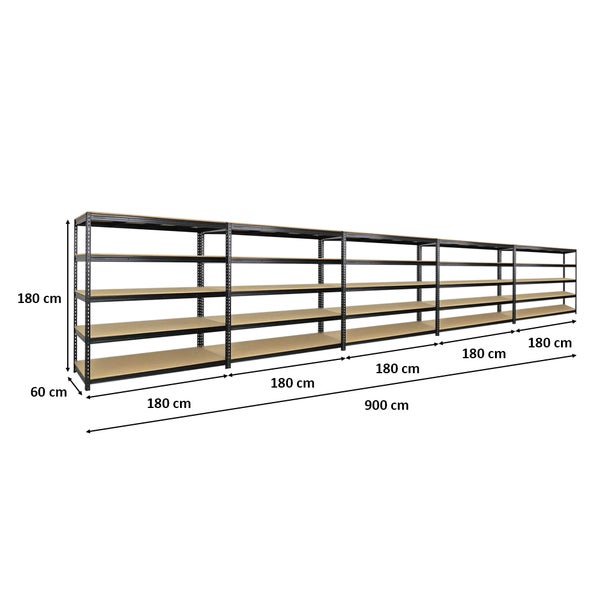 PROREGAL Mega Deal 5x Profi Schwerlastregal Bison HxBxT 200 x 200 x 60 cm 5 Fachböden Fachlast 600 kg Schwarz