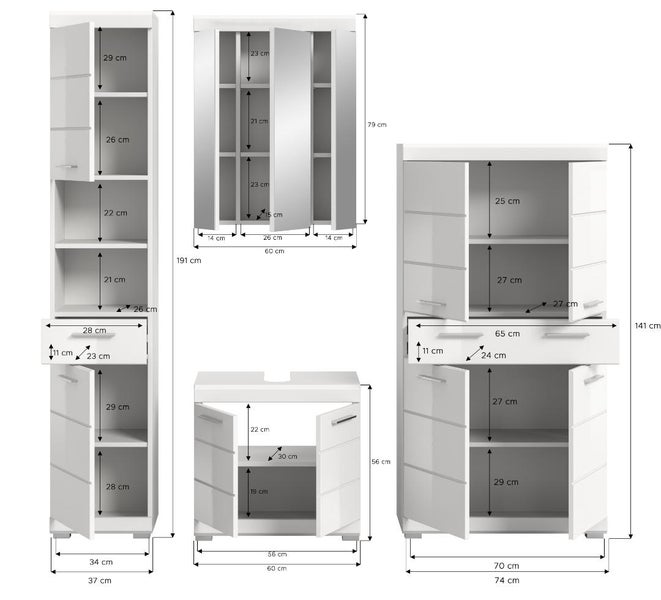 Weißes Badmöbel-Set mit Hochschrank, Spiegelschrank, Waschbeckenunterschrank und Midischrank inklusive Maßangaben in Zentimetern.
