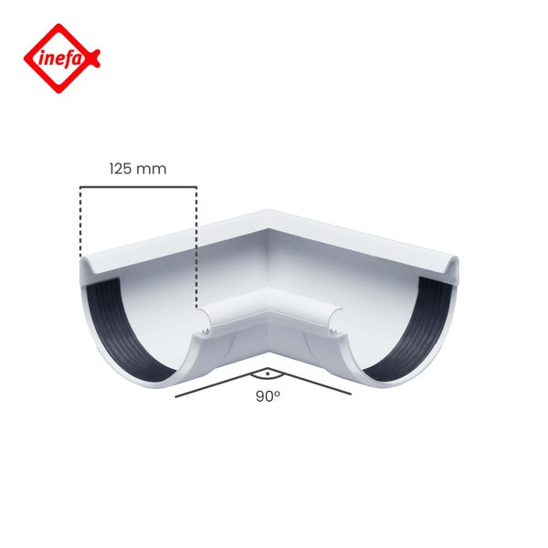 Inefa Logo. Dachrinnenwinkel 90 Grad, Nennweite 125 Millimeter, Kunststoff weiß mit Dichtung.