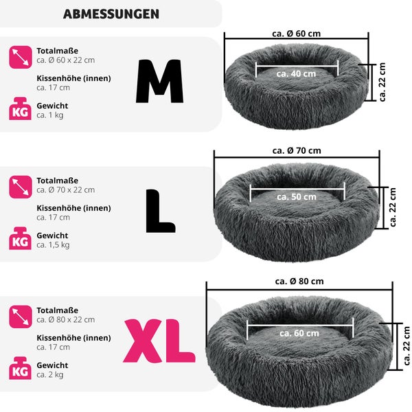 Größenangaben für ein graues Hunde- oder Katzenbett in M, L und XL mit den jeweiligen Abmessungen