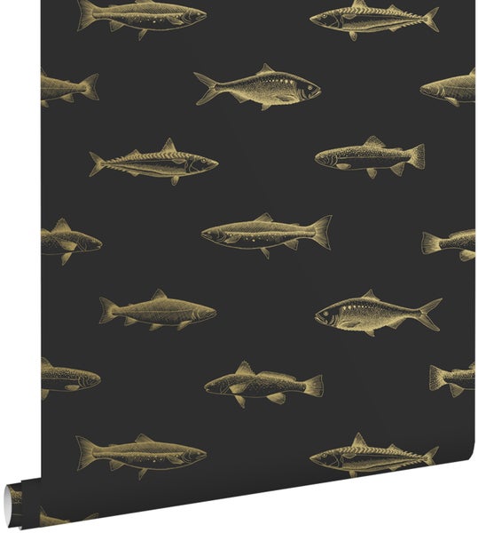 ESTAhome Tapete Federzeichnung Fisch Schwarz und Gold - 53 cm x 10.05 m - 139124