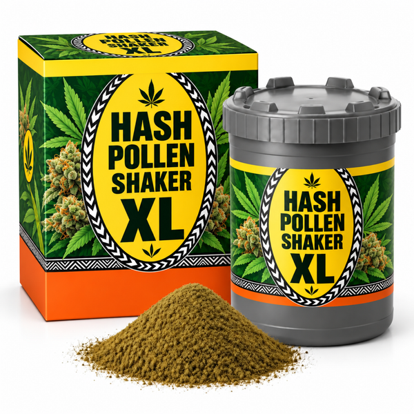 Hash Pollen Shaker XL Set bestehend aus Kunststoffdose und Kartonverpackung mit einer Menge an Pollenstaub davor.