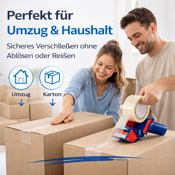 Ein Mann und eine Frau verschließen Kartons mit einem Klebebandabroller und Paketband für den Umzug.