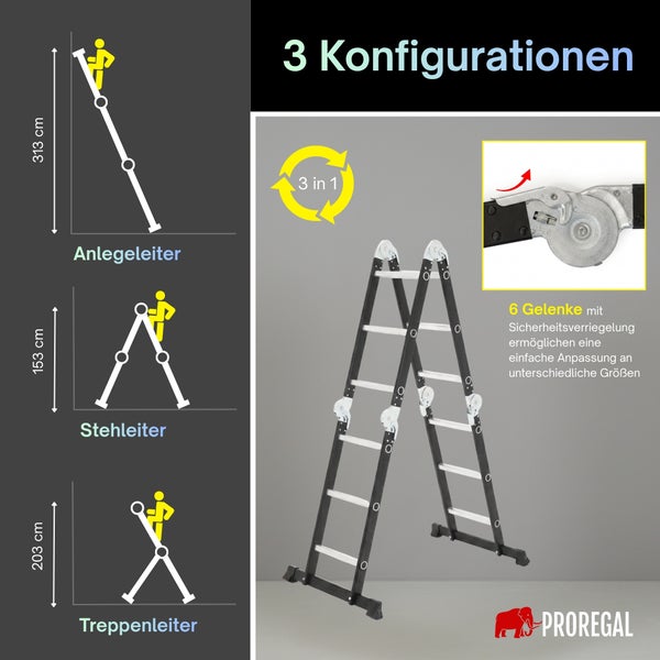 Mehrzweckleiter Proregal 3 in 1 mit 6 Gelenken als Anlegeleiter Stehleiter und Treppenleiter einsetzbar.