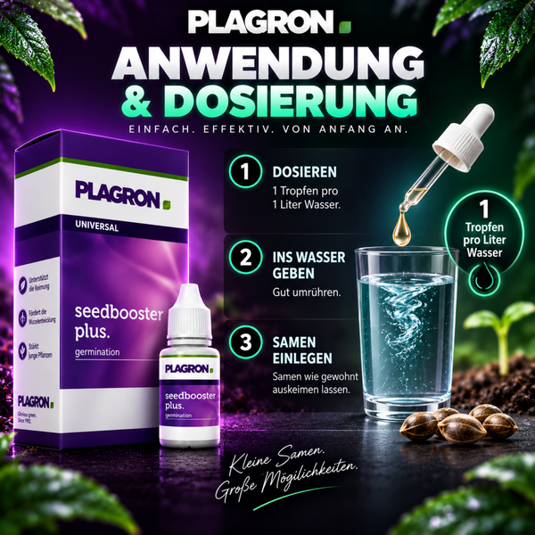 Plagron Seedbooster Plus Anleitung und Dosierung fuer die Keimung von Samen mit Produktverpackung und Anwendungsschritten.