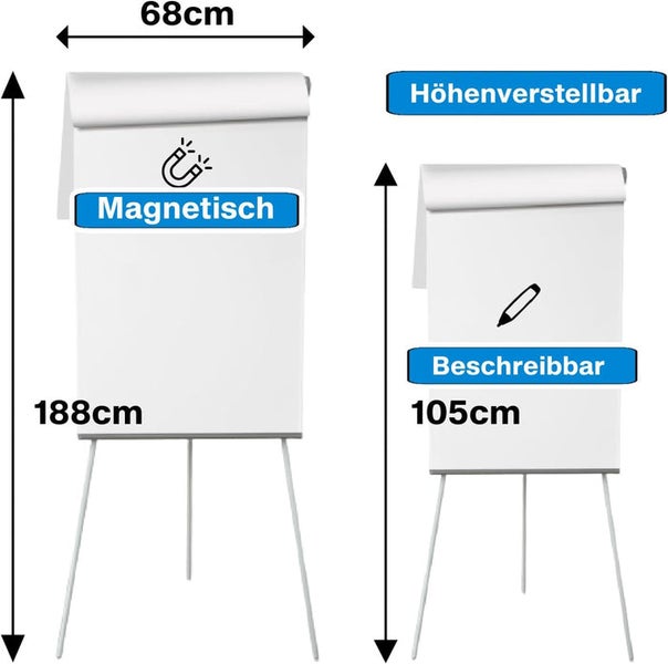 Höhenverstellbares Flipchart, Breite 68 Zentimeter, Höhe 105 bis 188 Zentimeter, magnetische und beschreibbare Oberfläche.