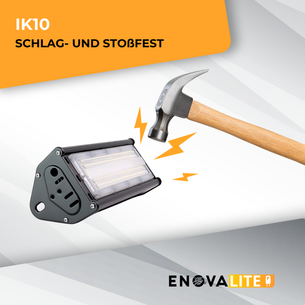 Schlagfeste EnovaLite LED Lampe mit Hammer.