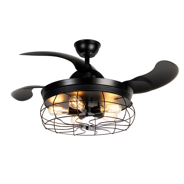 Schwarzer Deckenventilator im Industrie-Stil mit drei Flügeln und integrierter Leuchte in einem Drahtkäfig inklusive fünf Edison-Glühbirnen.
