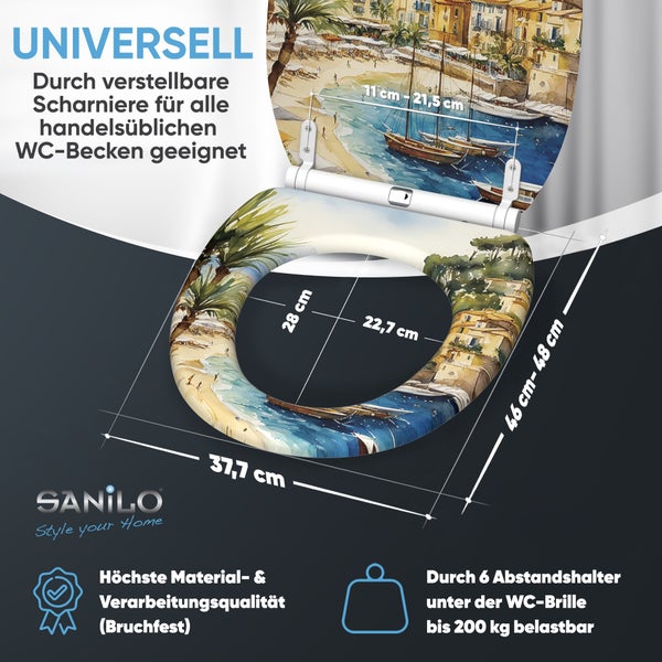 Sanilo WC Sitz mit Strand Motiv, verstellbare Scharniere, bruchfest, belastbar bis 200 Kilogramm, inklusive Maßangaben für gängige WC Becken.