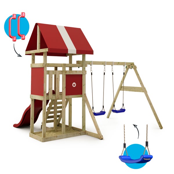 WICKEY Spielturm Klettergerüst DinkyHouse mit Schaukel und Rutsche, Kletterturm mit Sandkasten, Leiter und Spiel-Zubehör – rot