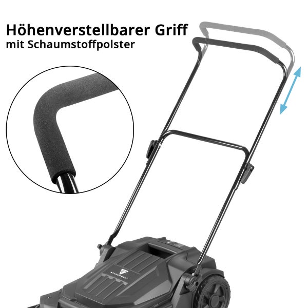 Detailansicht eines Rasenmähers mit höhenverstellbarem Griff und Schaumstoffpolsterung.