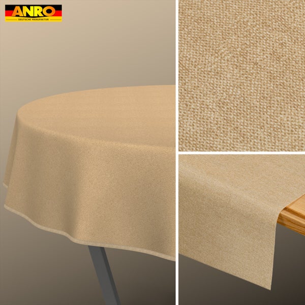 Runde Tischdecke in Beige mit gewebter Struktur, Detailansicht des Stoffs und Anro Logo.
