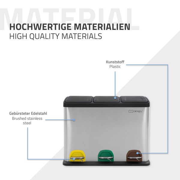 ML-Design Mülleimer Küche 3x 8L (24L), Silber, Mülltrennsystem 3 Fächer, Treteimer zur Mülltrennung, Abfalleimer aus Edelstahl mit Inneneimer aus Kunststoff & Klappdeckel, farblicher Kennzeichnung