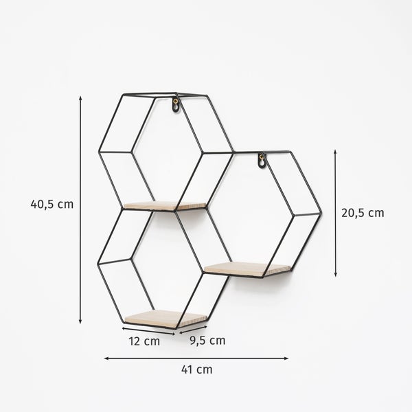 Dreifach sechseckiges Wandregal aus Metall - 40,5 x 41 cm - Schwarz