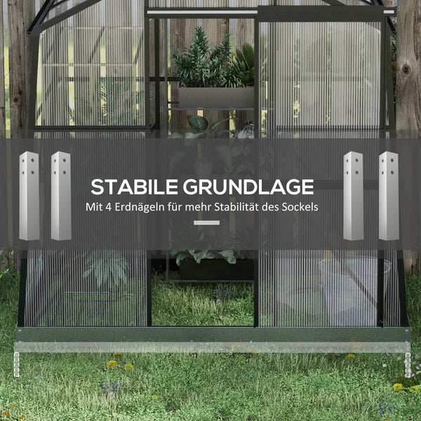 Outsunny Gewächshaus Aluminium 131 x 192 x 203 cm Treibhaus 2,51 m² Tomatenhaus mit Fenster, Schiebetür, Fundament, Aufzucht Pflanzenhaus für Garten, Balkon, Schwarz