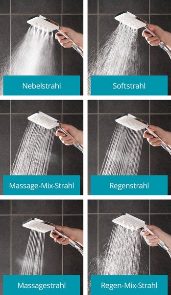 Handbrause mit sechs Strahlarten: Nebelstrahl, Softstrahl, Massage-Mix-Strahl, Regenstrahl, Massagestrahl und Regen-Mix-Strahl.