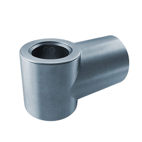 Rohrverbinder T-Stück aus Metall in Silberoptik für Regalsysteme.