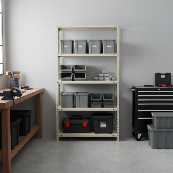 Organisierte Werkstatt mit einem Lagerregal aus Metall voller Boxen und einem Werkzeugkoffer, neben einer Werkbank aus Holz und einem Werkstattwagen.
