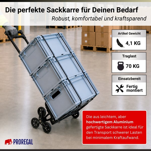 ProRegal Treppensackkarre aus Aluminium mit Kisten, 70 Kilogramm Traglast, 4,1 Kilogramm Eigengewicht, fertig montiert, ProRegal Logo.