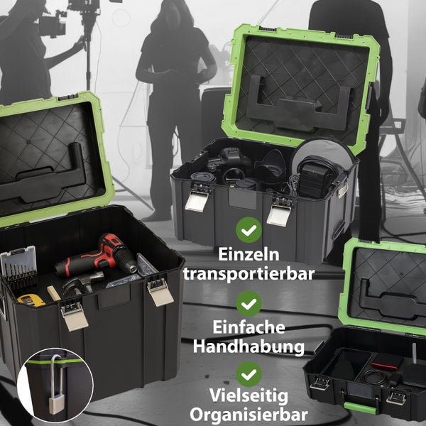 Mehrere Werkzeugkisten mit Werkzeugen, einzeln transportierbar, einfache Handhabung, vielseitig organisierbar