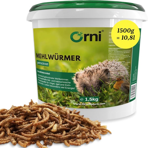 Mehlwürmer getrocknet im Eimer, Einzelfuttermittel für Vögel, Igel und Eichhörnchen, 1500 Gramm