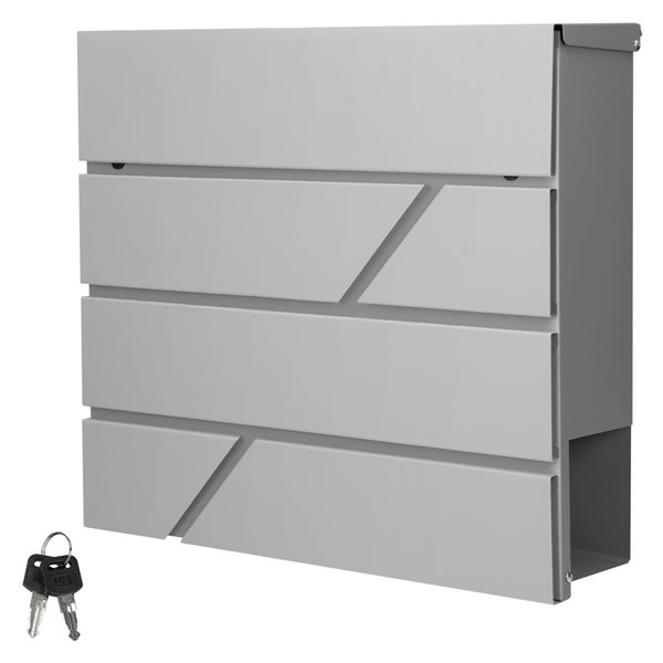 Grauer Wandbriefkasten aus Metall mit Zeitungsfach, diagonalem Liniendesign und zwei Schlüsseln.