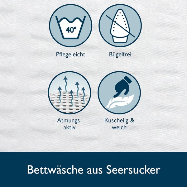 Symbole für Seersucker Bettwäsche: pflegeleicht waschbar bei 40 Grad, bügelfrei, atmungsaktiv sowie kuschelig und weich.