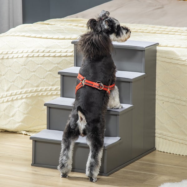 PawHut Hundetreppe 4 Stufen 54.2 cm Hoch, Haustiertreppe für Kleine Hunde Katzentreppe mit rutschfester Matte, Einstiegshilfe Haustierleiter für Bett, Sofa und Couch, Grau