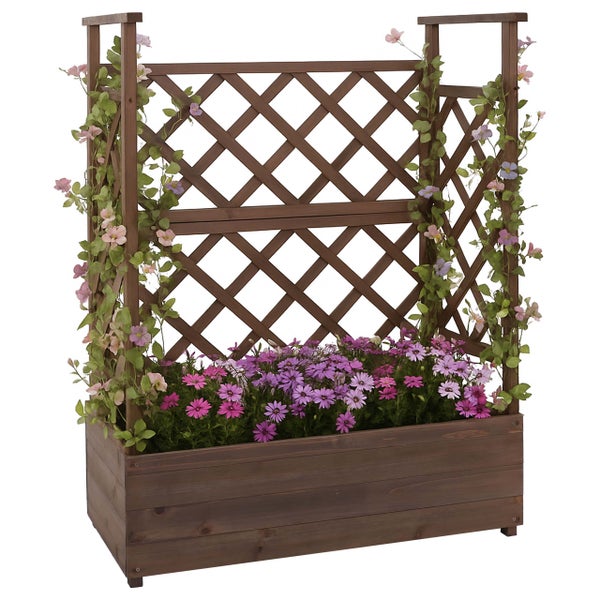 Brauner Pflanzkasten aus Holz mit Rankgitter, bepflanzt mit Blumen und Kletterpflanzen.
