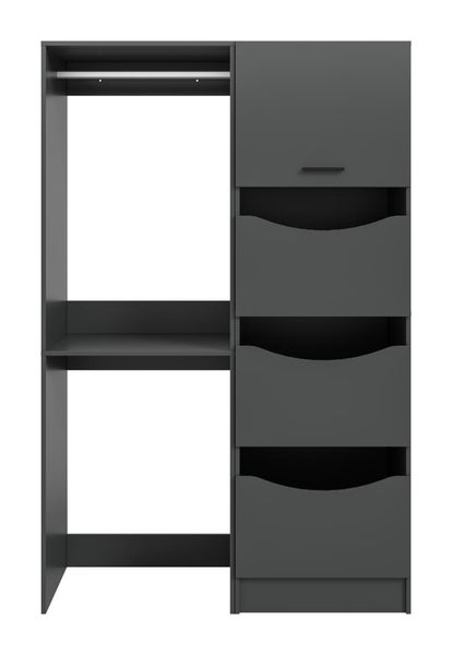 Offener Kleiderschrank mit Kleiderstange, Regalböden und drei Schubladen aus Holzwerkstoff für das Schlafzimmer.