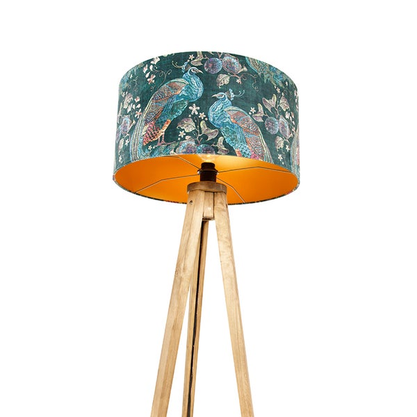 Stehleuchte mit Pfauenmuster auf Holzstativ