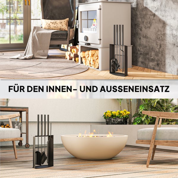 Kaminofen mit Kaminbesteck für den Innen- und Außenbereich.