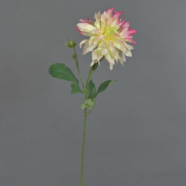 Künstliche Dahlie mit cremefarbenen und pinkfarbenen Blütenblättern, grünem Stiel und Blättern.