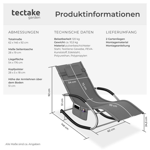 tectake garden Logo und Produktinformationen einer Gartenliege mit Abmessungen, technischen Daten zur Belastbarkeit und Material sowie Lieferumfang.