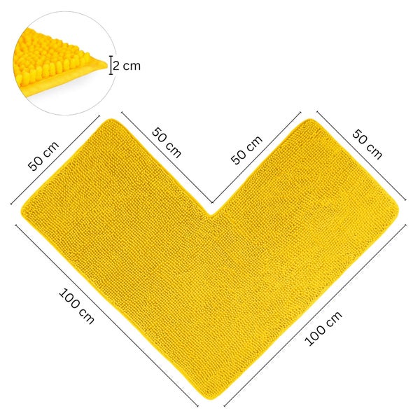 Gelbe L-förmige Badematte mit Noppenstruktur, Seitenlängen 100 Zentimeter und 50 Zentimeter, Florhöhe 2 Zentimeter.