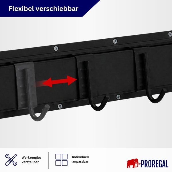 Wandleiste mit verschiebbaren Haken von Proregal für die Werkstatt, werkzeuglos verstellbar für individuelle Organisation.