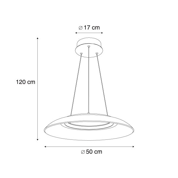 Technische Zeichnung einer Pendelleuchte mit den Maßen 120 cm Höhe, 50 cm Durchmesser des Schirms und 17 cm Durchmesser der Deckenbefestigung.