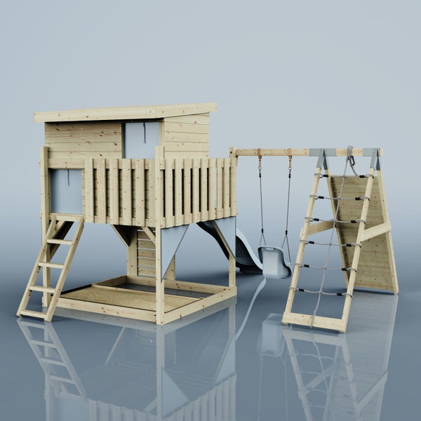 Spielturm aus Holz mit Spielhaus, Rutsche, Schaukel, Kletterwand und Sandkasten.