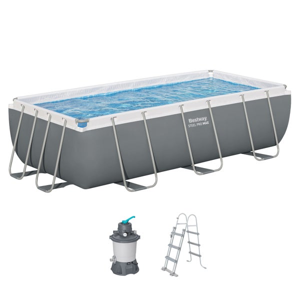 Bestway Steel Pro Max Rechteckpool-Set inklusive Sandfilterpumpe und Sicherheitsleiter.