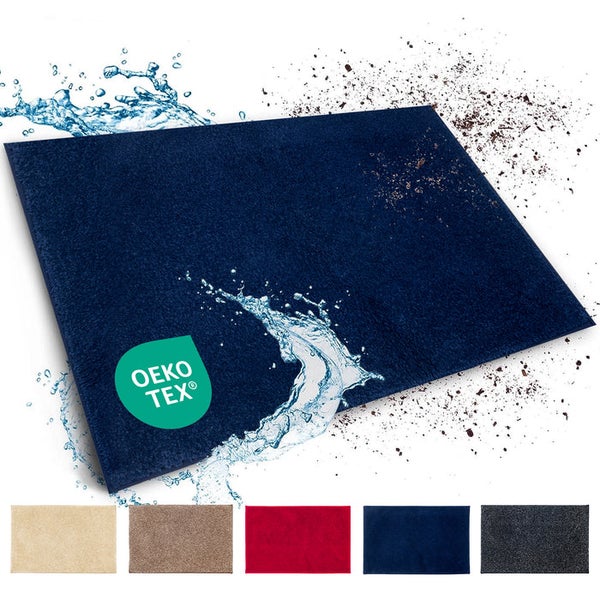 Blaue Badematte mit Wasserspritzern und Öko-Tex Siegel