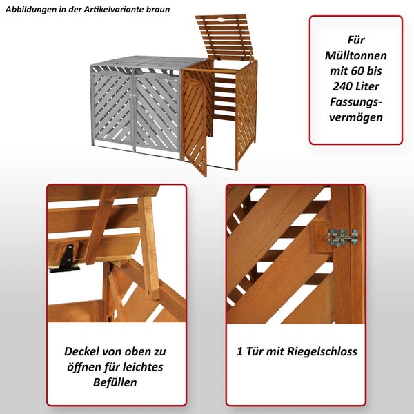 Mülltonnenbox aus Holz für Mülltonnen mit 60 bis 240 Liter Fassungsvermögen, Deckel zum Öffnen und Tür mit Riegelschloss
