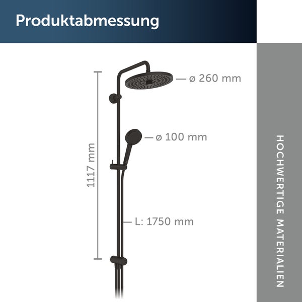 Produktabbildung mit Maßangaben zu Duschkopf, Handbrause und Schlauchlänge