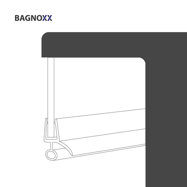 Bagnoxx Duschdichtung für Glasscheiben mit Wasserabweisprofil, technische Zeichnung. Bagnoxx Logo.