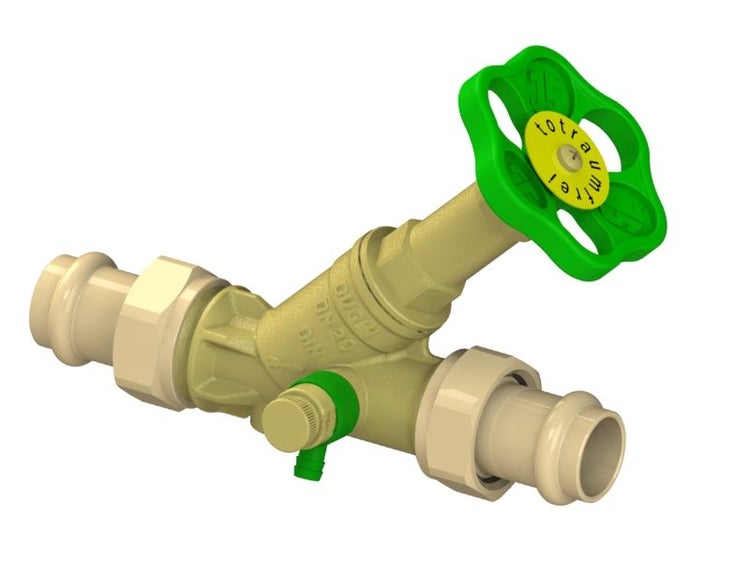 Totraumfreies Schrägsitzventil mit Pressanschluss Nennweite 20, Entleerungsventil und grünem Handrad für Trinkwasser.