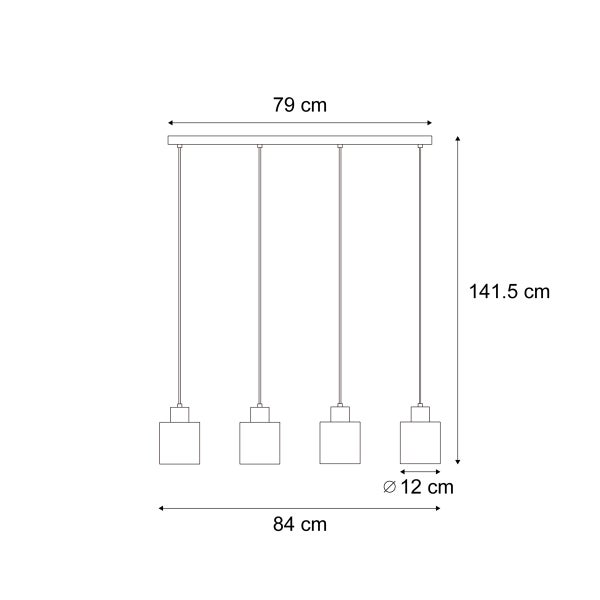 Technische Zeichnung einer Pendelleuchte mit vier Lampen und Abmessungen.