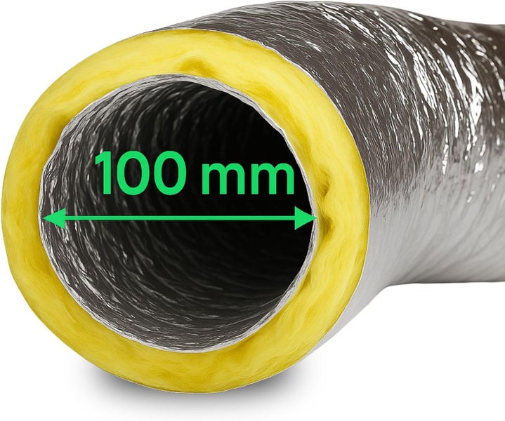Isolierter Lüftungsschlauch mit 100 Millimeter Innendurchmesser und integrierter Dämmschicht.