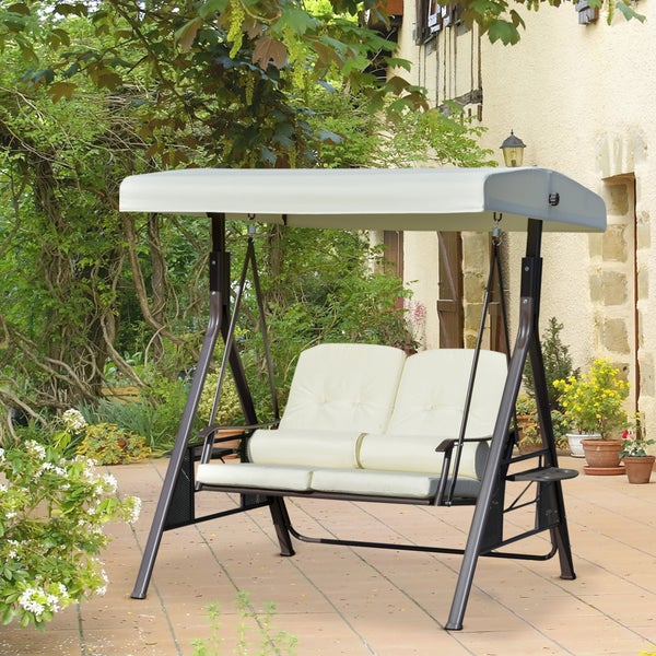 Outsunny 2-Sitzer Hollywoodschaukel, Gartenschaukel mit Sonnendach, 162 x 118 x 173 cm, Metall, Polyester, Beige
