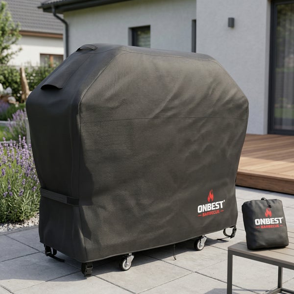ONBEST Grillabdeckung auf einer hellen Terrasse, wetterfester Schutz für einen Grill mit Belüftungsschlitzen und Griffen inklusive Packbeutel.