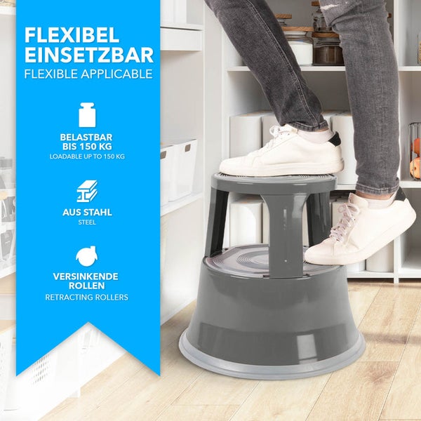 FLOORDIREKT Rollhocker - Elefantenfuß - aus Stahl - Mobiler Tritthocker - Sitzmöglichkeit für Büro und Gewerbe - Grau